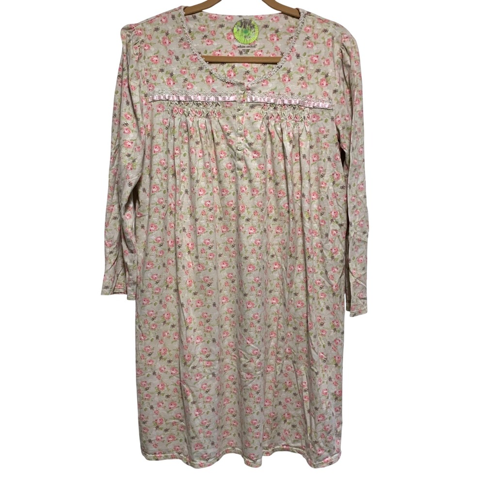 White Orchid Nightgown Large Pink Floral Rose Lace Smocked Long Sleeve Sleepwear